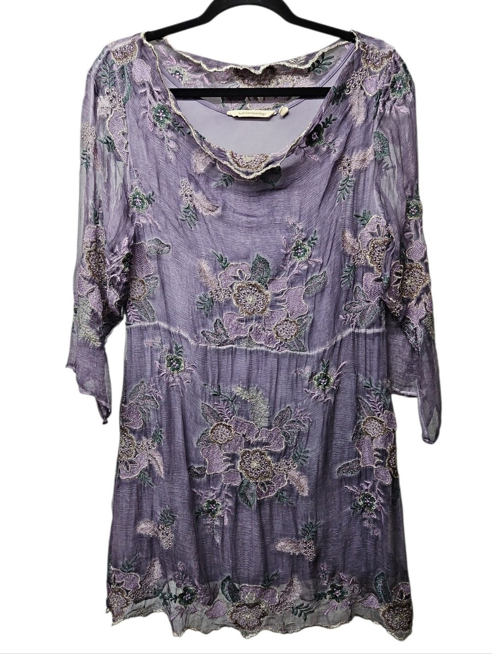 Soft Surroundings Lavender Floral Embroidered Lined Tunic Top Dress 100% Silk